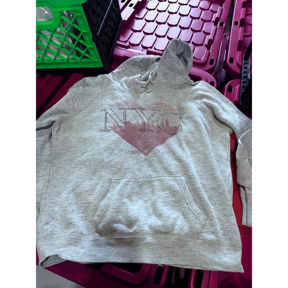 American Eagle NYC Heart Rhinestone Hoodie Gray Pink Skyline Sweatshirt Large